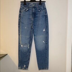 PRE-OWNED - Zara - High Rise Straight Leg Ankle Jean - Distressed Denim - Size 6